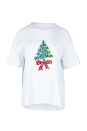Product shot of the Sequin Christmas Tree Cotton Tee in colour White (White), from the front