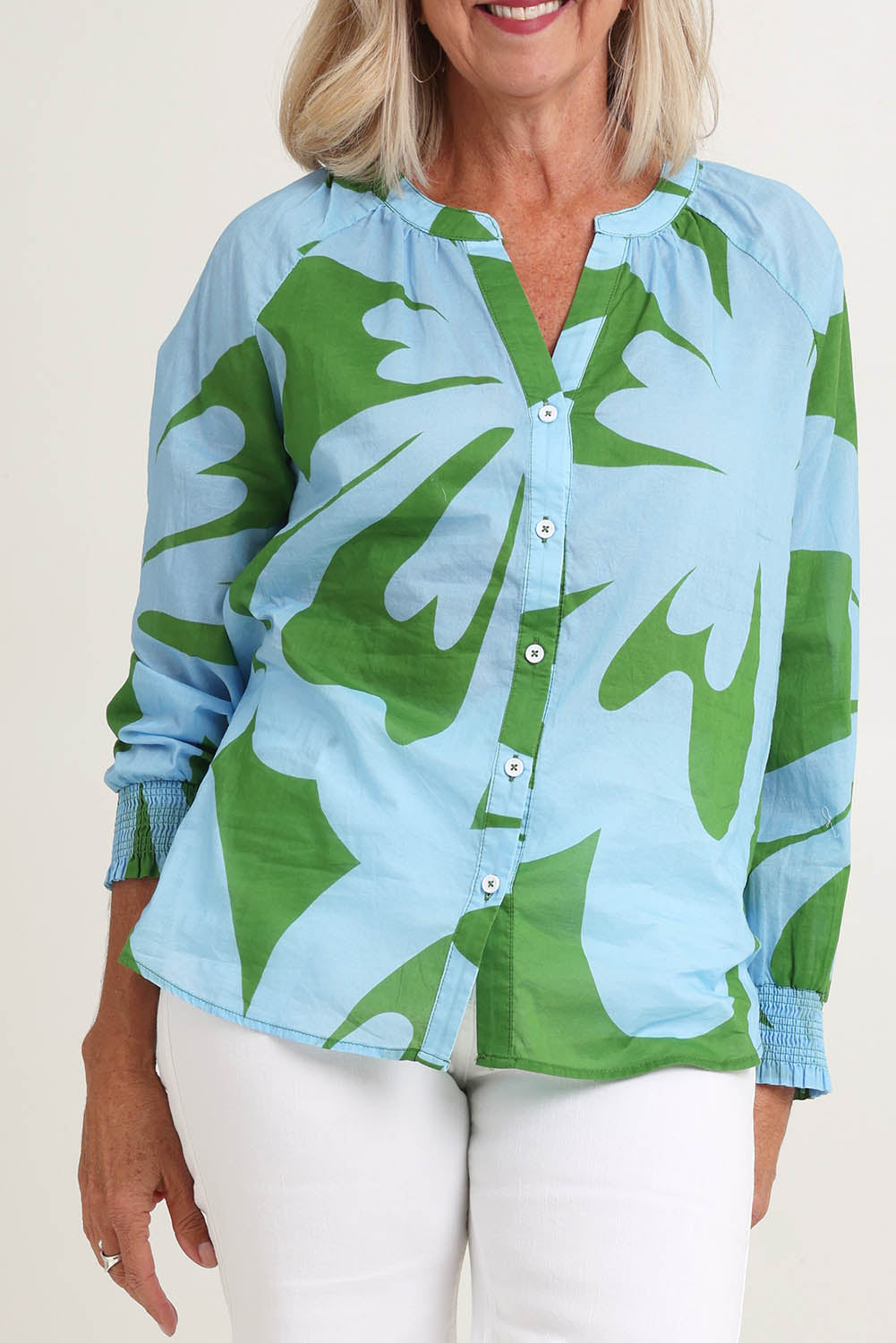 Model Sandy wearing size S of the Sienna Cotton Top in colour Blue (Blue), from the front, cropped image