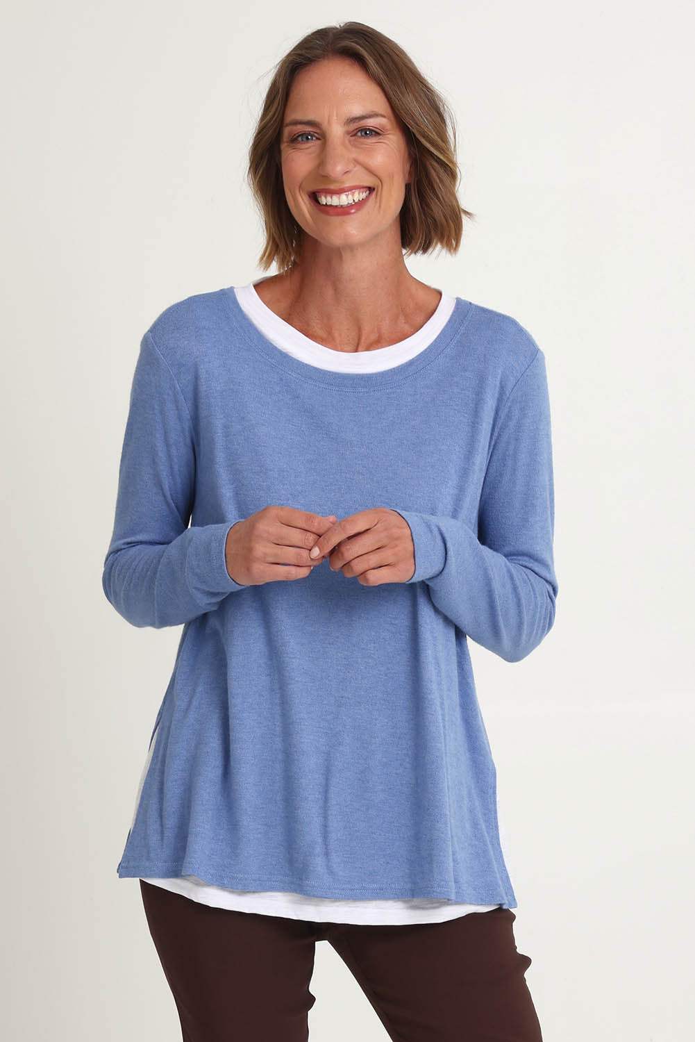 Model Riina wearing size S of the Alicia 2 In 1 Top in colour Blue (Blue), from the front, cropped image