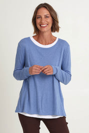 Model Riina wearing size S of the Alicia 2 In 1 Top in colour Blue (Blue), from the front, cropped image