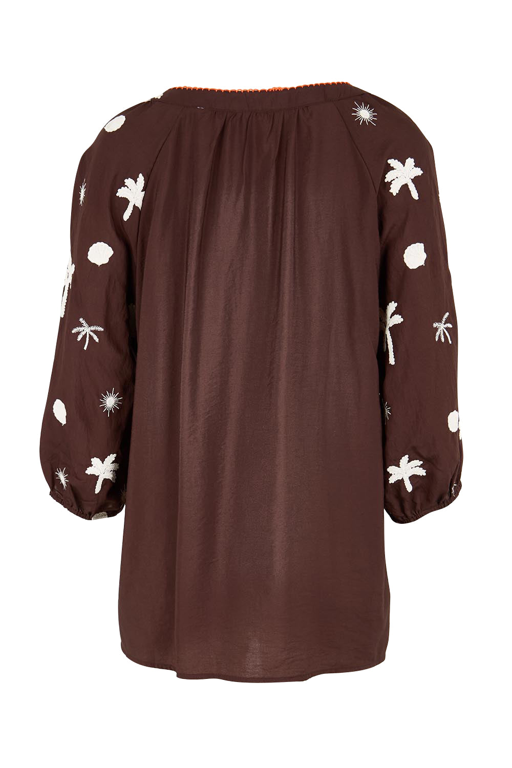 Product shot of the Canopy Embroidered Top – Coffee in colour Coffee, from the back