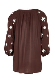 Product shot of the Canopy Embroidered Top – Coffee in colour Coffee, from the back