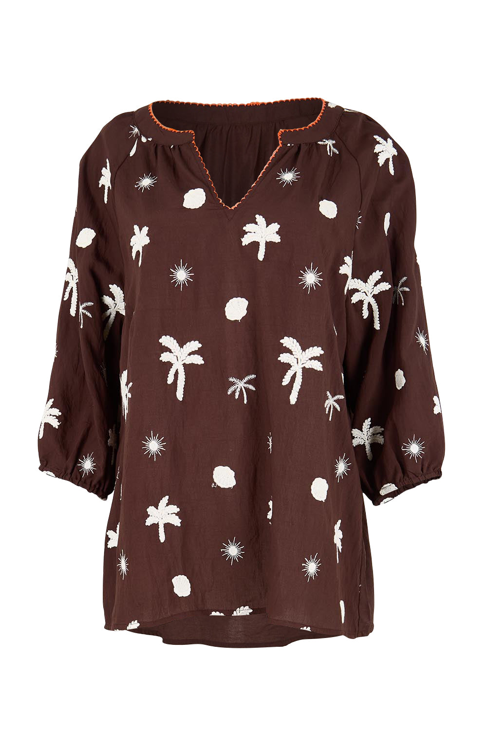 Product shot of the Canopy Embroidered Top – Coffee in colour Coffee, from the front