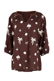 Product shot of the Canopy Embroidered Top – Coffee in colour Coffee, from the front