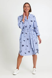 Model Riinar wearing size 10 of the Botanica Shirt Dress – Navy in colour Navy, from the front
