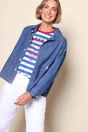 Model Riinar wearing size 10 of the Coast Crop Denim Jacket – Denim in colour Denim, in a cropped view