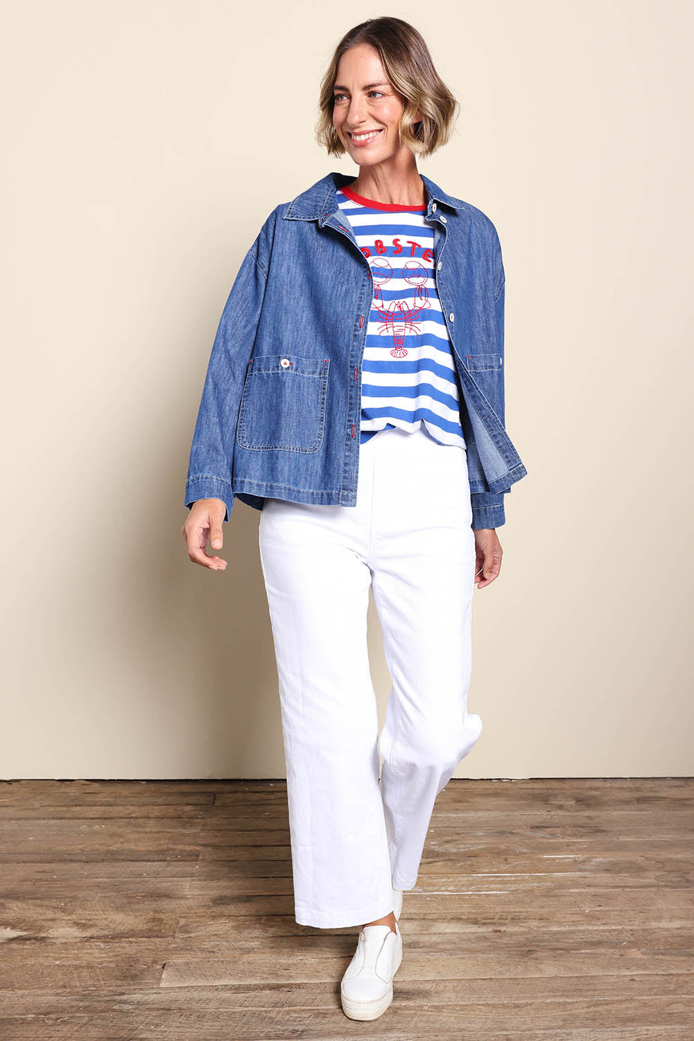 Model Riinar wearing size 10 of the Coast Crop Denim Jacket – Denim in colour Denim, from the front