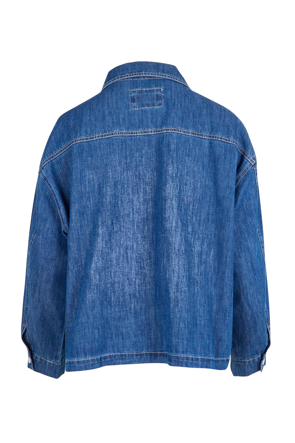 Product shot of the Coast Crop Denim Jacket – Denim in colour Denim, from the back