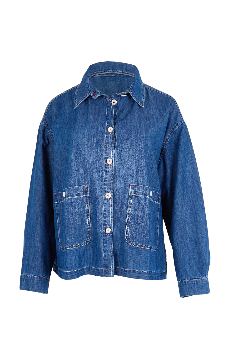 Product shot of the Coast Crop Denim Jacket – Denim in colour Denim, from the front