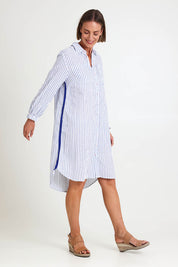 Model Riinar wearing size 10 of the Coast Stripe Shirtdress – Bluewhite in colour Bluewhite, from the front