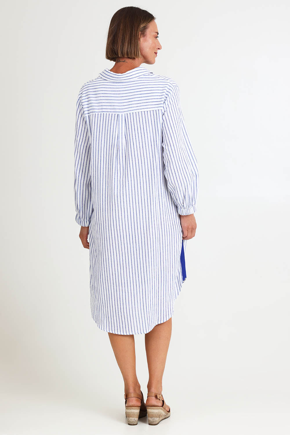 Model Riinar wearing size 10 of the Coast Stripe Shirtdress – Bluewhite in colour Bluewhite, from the front