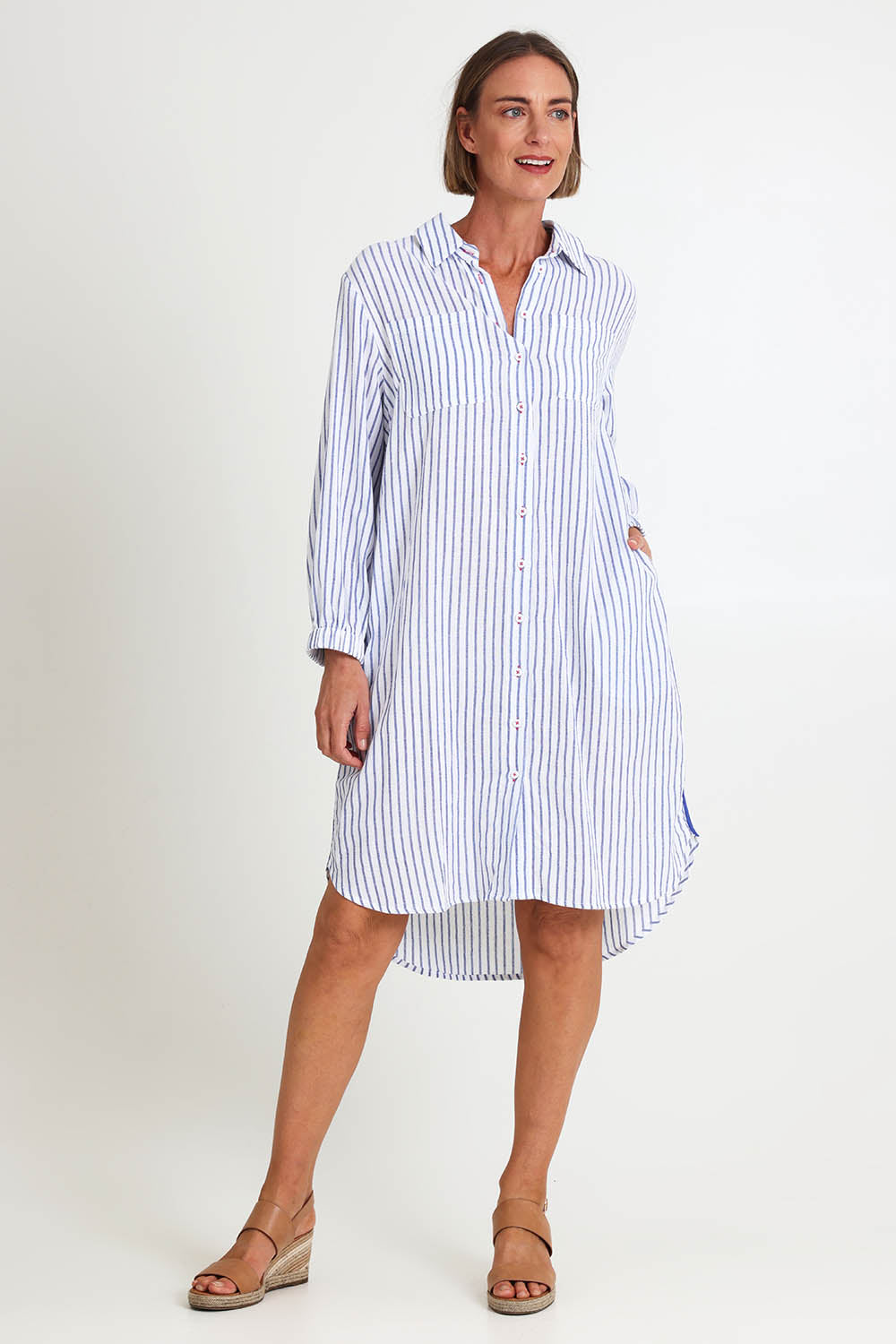 Model Riinar wearing size 10 of the Coast Stripe Shirtdress – Bluewhite in colour Bluewhite, from the front