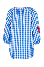 Product shot of the Cove Check Top – Azure in colour Azure, from the back