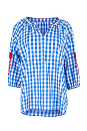 Product shot of the Cove Check Top – Azure in colour Azure, from the front
