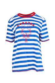 Product shot of the Rhode Island Stripe Tee – Azure in colour Azure, from the front