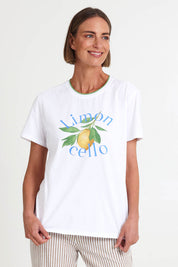 Model Riinar wearing size 10 of the Limoncello Tee – White in colour White, in a cropped view