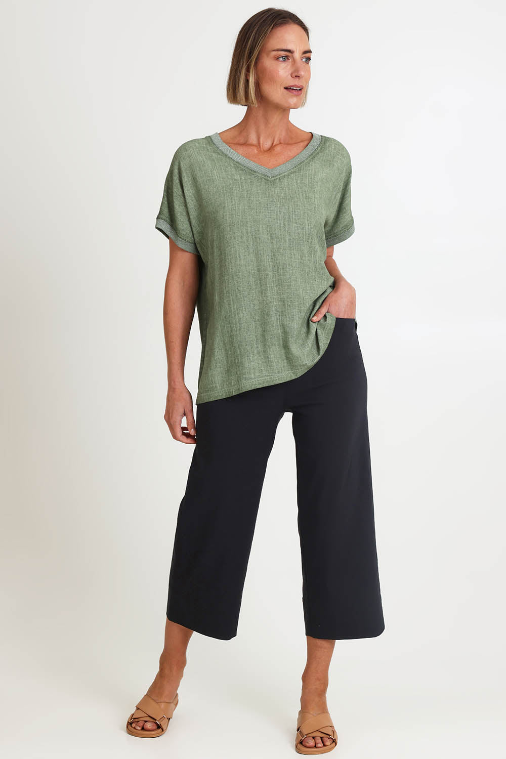 Model Riinar wearing size 10 of the Zara Wide Leg Pant - Black in colour Black, from the front