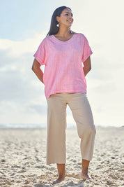 Model Eshan wearing size 10 of the Zara Wide Leg Pant - Natural in colour Natural, from the front