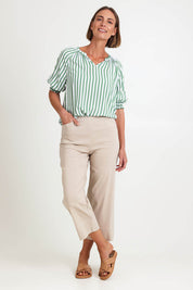 Model Riinar wearing size 10 of the Zara Wide Leg Pant - Natural in colour Natural, from the front