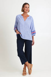 Model Riinar wearing size 10 of the Zara Wide Leg Pant - Navy in colour Navy, from the front