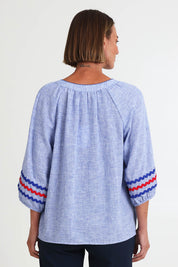 Model Riinar wearing size 10 of the Canopy Ric Rac Top – Chambray in colour Chambray, from the back