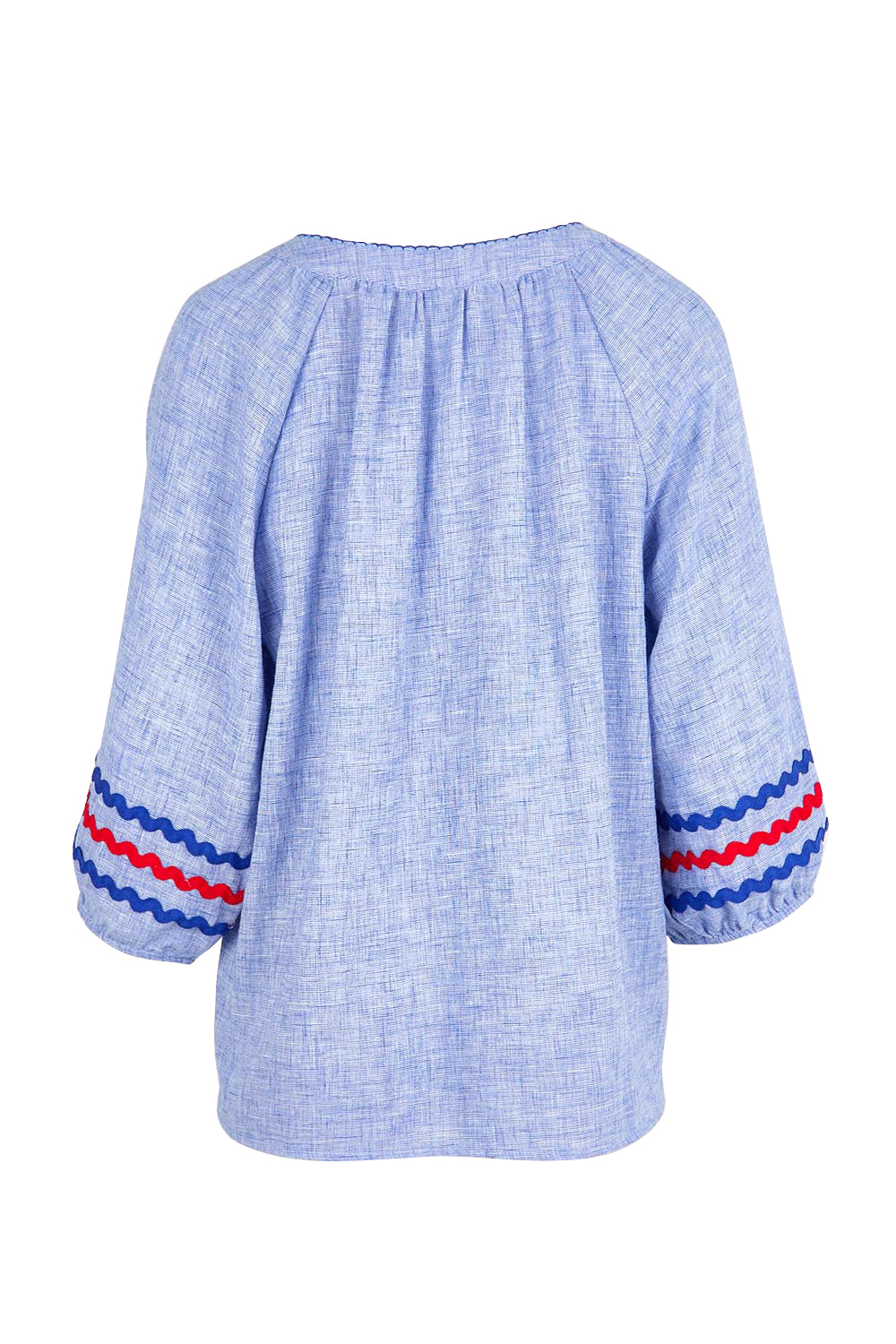 Product shot of the Canopy Ric Rac Top – Chambray in colour Chambray, from the back