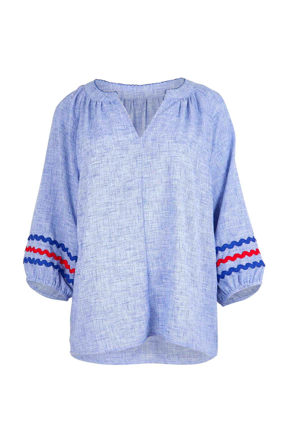 Product shot of the Canopy Ric Rac Top – Chambray in colour Chambray, from the front