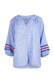 Product shot of the Canopy Ric Rac Top – Chambray in colour Chambray, from the front