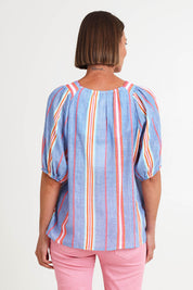 Model Riinar wearing size 10 of the Laguna Stripe Top – Denimmulti in colour Denimmulti, from the back