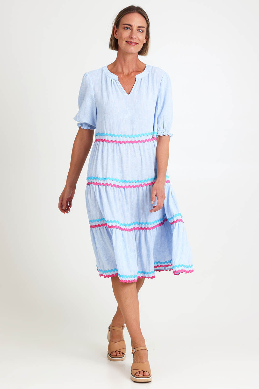 Model Riinar wearing size 10 of the Canopy Ric Rac Dress – Paleblue in colour Paleblue, from the front