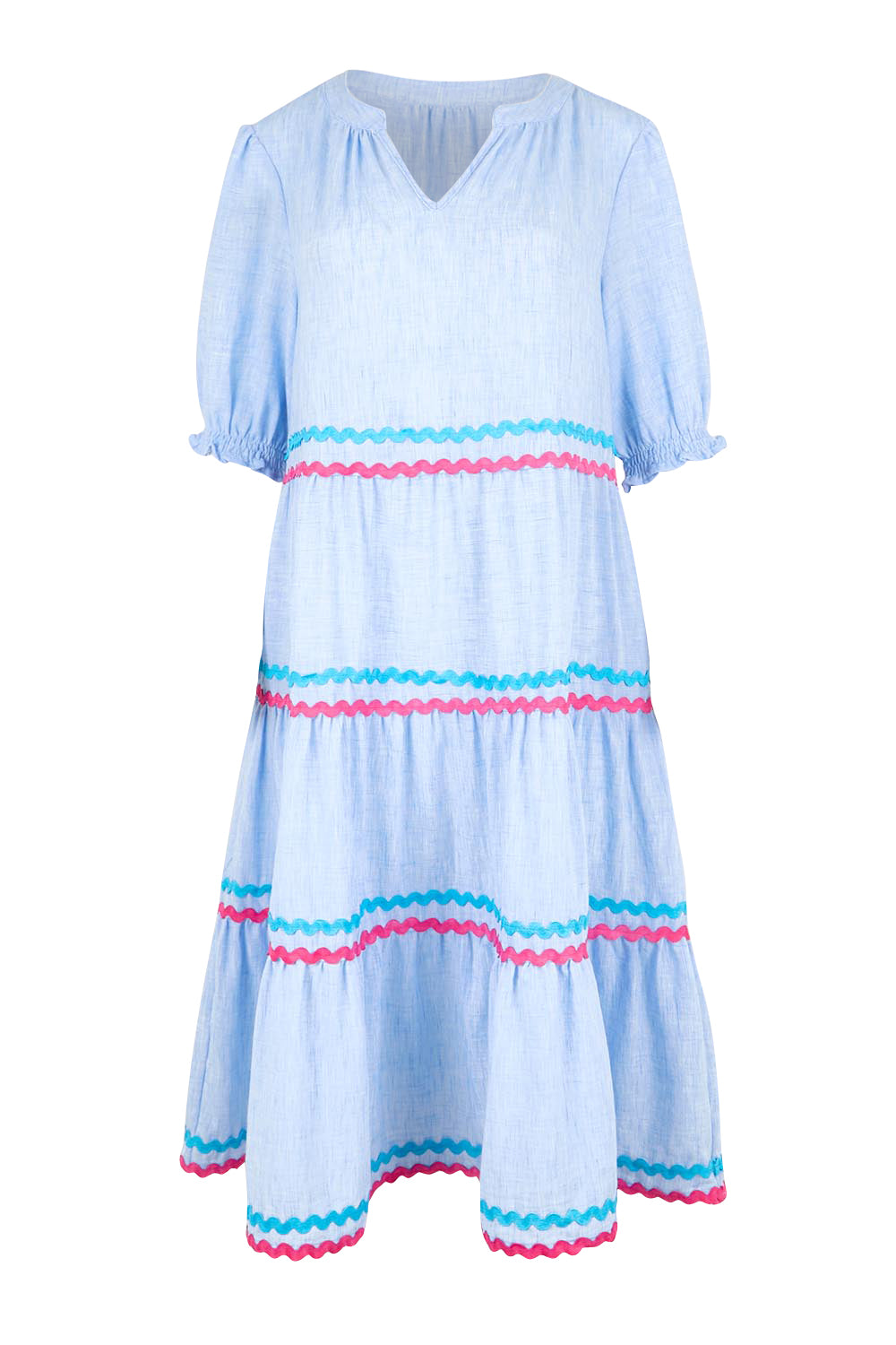 Product shot of the Canopy Ric Rac Dress – Paleblue in colour Paleblue, from the front
