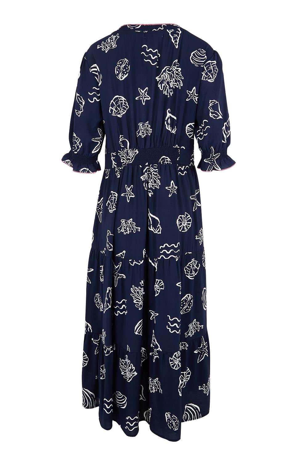 Product shot of the Montecito Print Dress – Navy in colour Navy, from the back