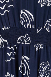 Product shot of the Montecito Print Dress – Navy in colour Navy, showing detail