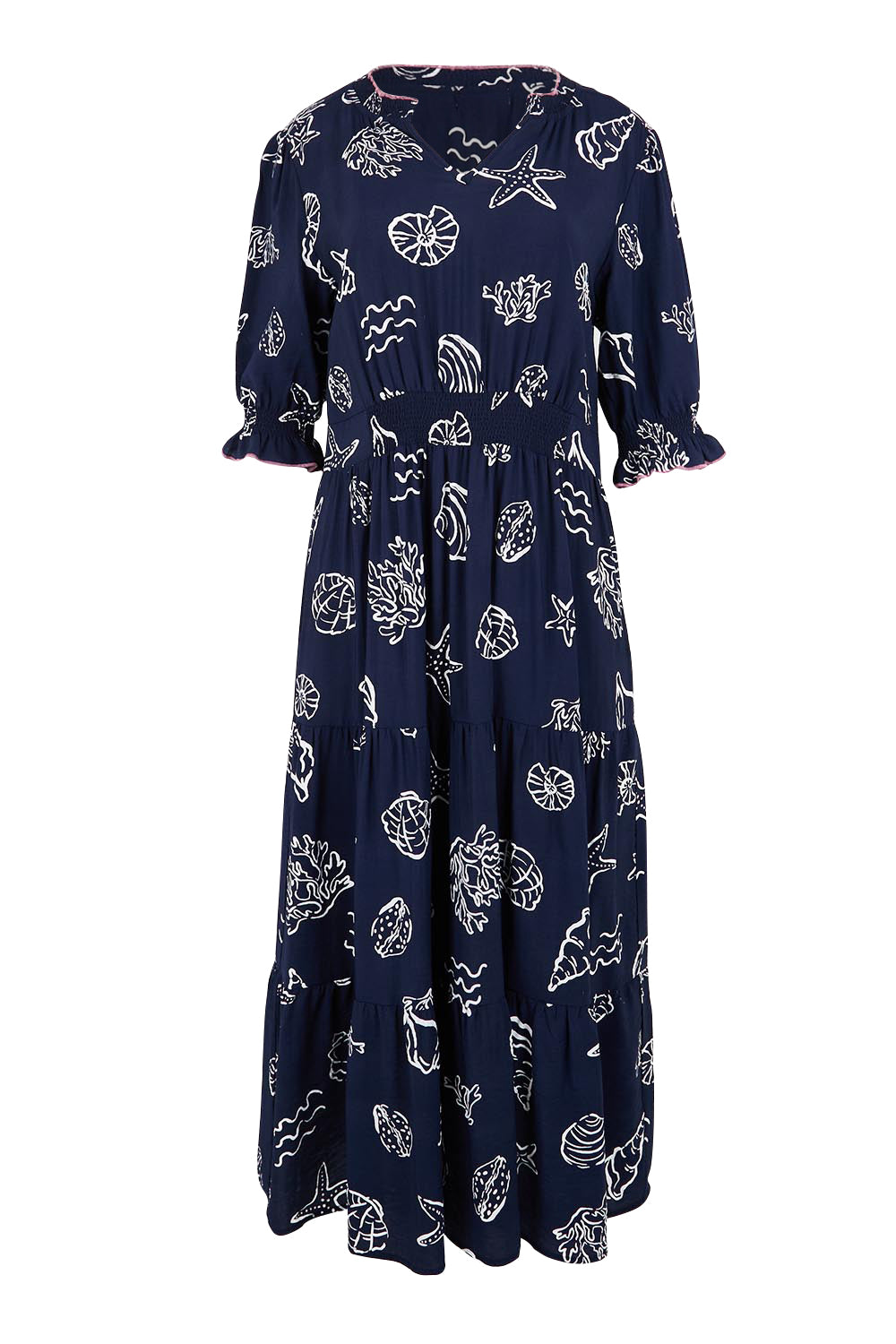 Product shot of the Montecito Print Dress – Navy in colour Navy, from the front