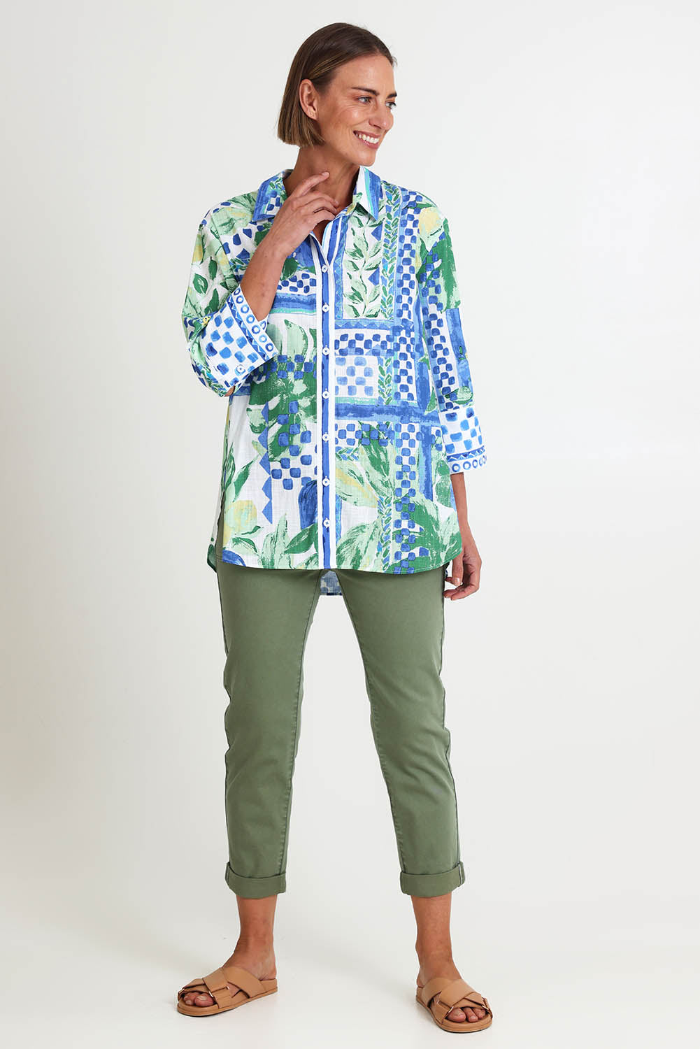 Model Riinar wearing size 10 of the Limoncello Print Shirt – Apple in colour Apple, from the front