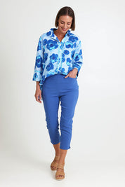 Model Riinar wearing size 10 of the Zara Pant - Blue in colour Blue, from the front