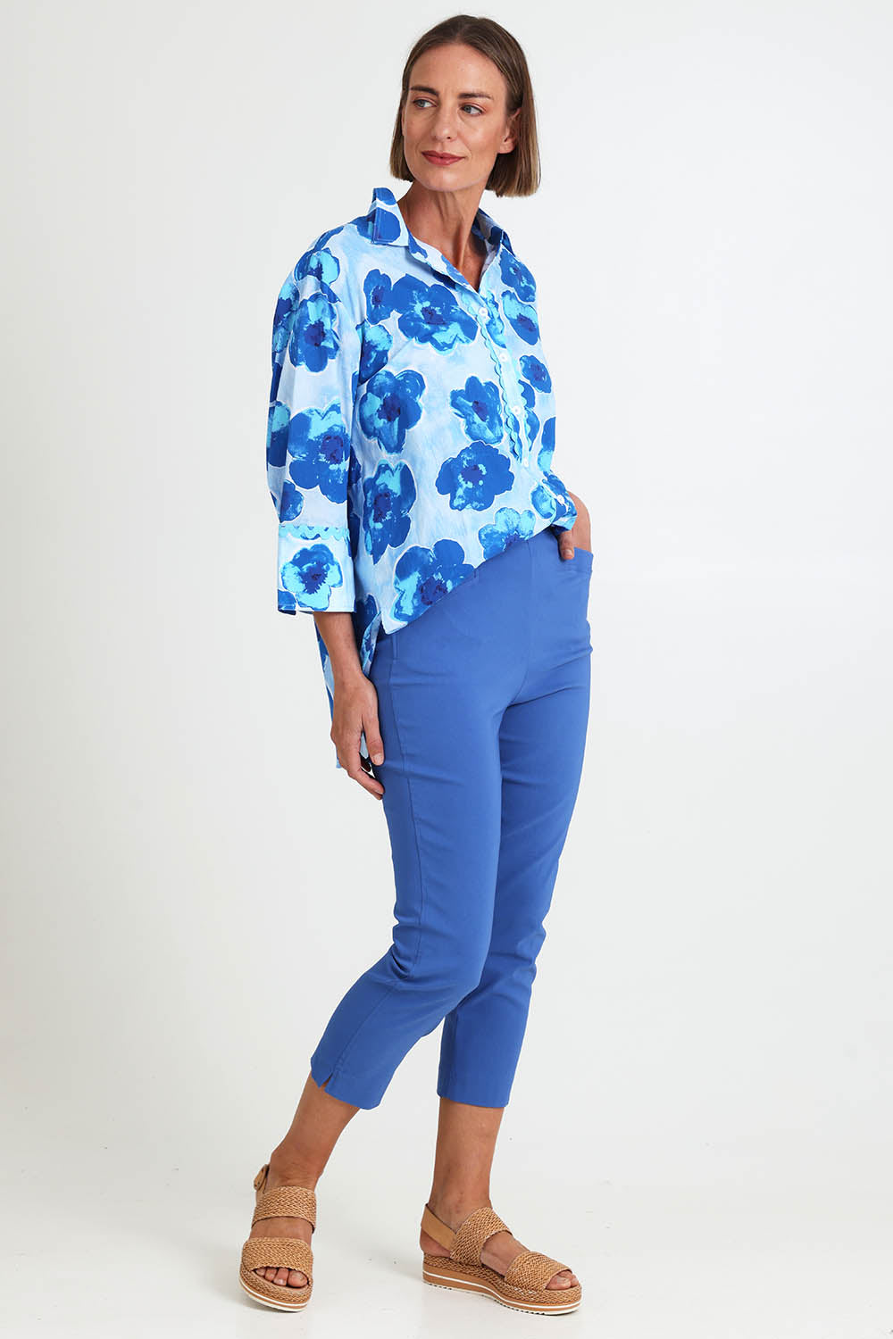 Model Riinar wearing size 10 of the Zara Pant - Blue in colour Blue, from the front