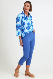 Model Riinar wearing size 10 of the Zara Pant - Blue in colour Blue, from the front
