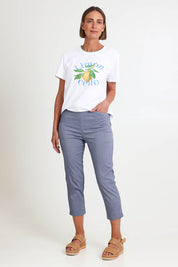 Model Riinar wearing size 10 of the Zara Pant - Denim in colour Denim, from the front