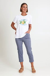 Model Riinar wearing size 10 of the Zara Pant - Denim in colour Denim, from the front
