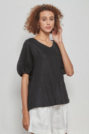 A model wearing the Bishop Sleeve Tee in colour Black (Black), from the front, cropped image