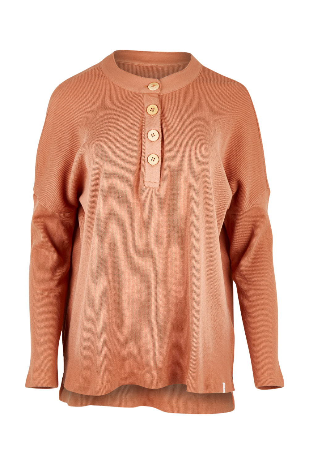 Product shot of the Waffle Jersey 1/2 Placket Top in colour Mocha, from the front