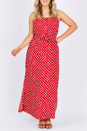 Model Jess wearing size 3 of the Zuzka Dress in colour Soundgarde (Red), from the front, cropped image