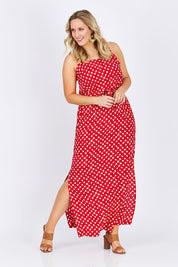 Model Jess wearing size 3 of the Zuzka Dress in colour Soundgarde (Red), from the front, showing the whole outfit