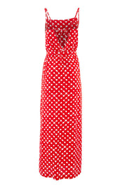 Product shot of the Zuzka Dress in colour Soundgarde (Red), from the back