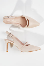 A model wearing size 37 of the Blato Leather Heel in colour Palepink (Pink), from the front, showing the whole outfit