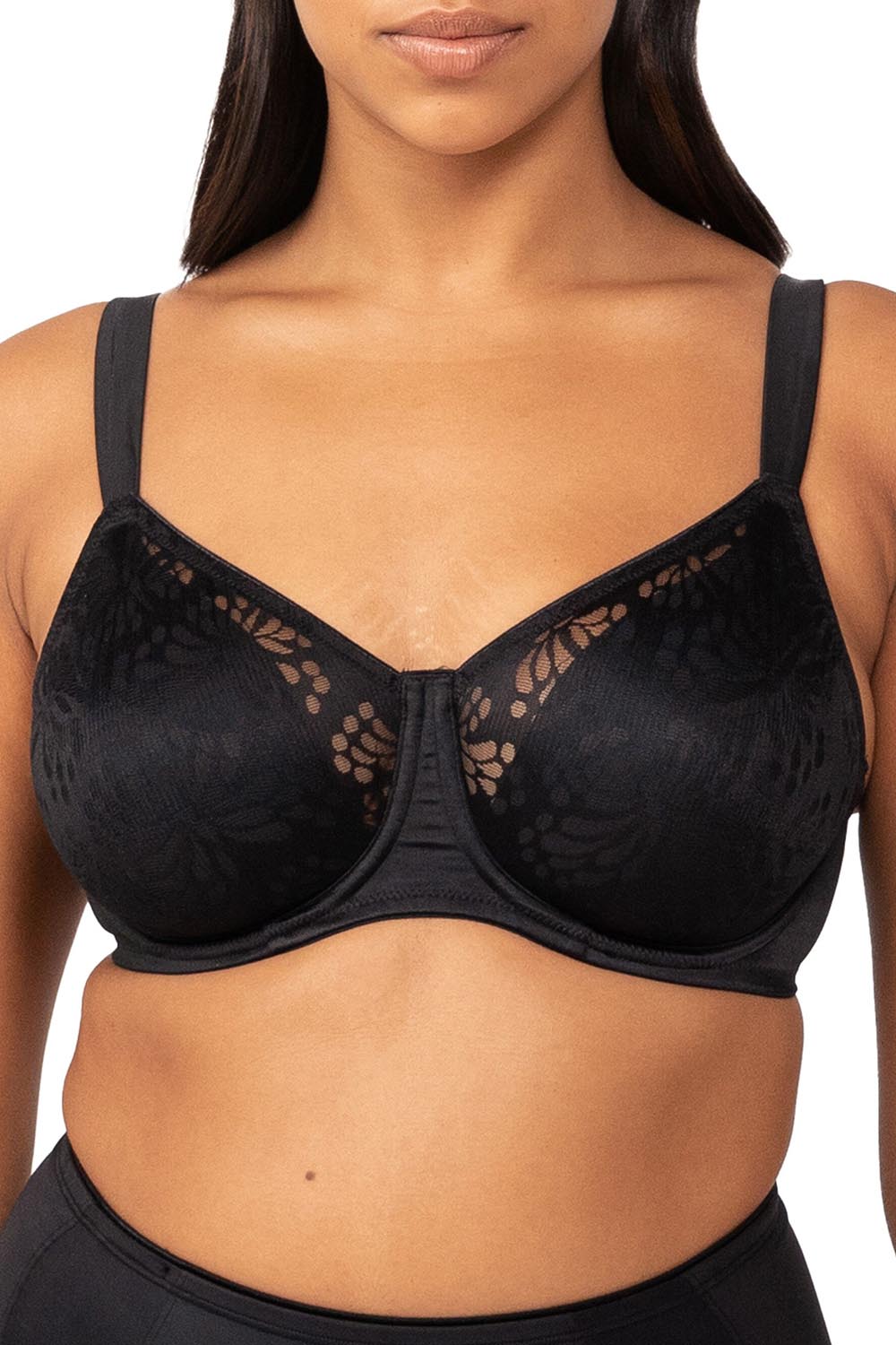 A model wearing the Lacy Minimizer Bra in colour Black (Black), from the front, cropped image