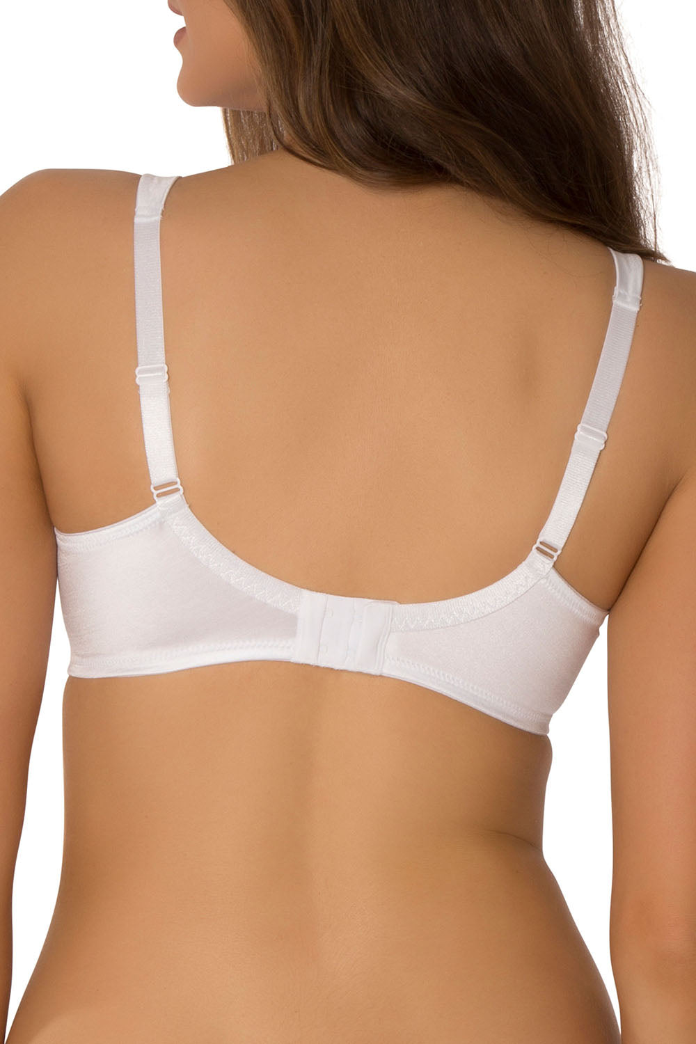 A model wearing the Lacy Minimizer Bra in colour White (White), from the back