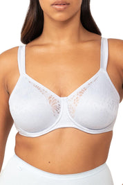 A model wearing the Lacy Minimizer Bra in colour White (White), from the front, cropped image