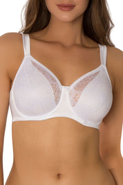 A model wearing the Lacy Minimizer Bra in colour White (White), from the front, cropped image